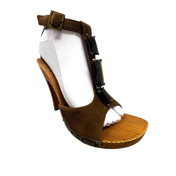 Beverly Feldman Cocoa‎ Suede Bejeweled T-Strap Wooden Sandals - Picture 2 of 11